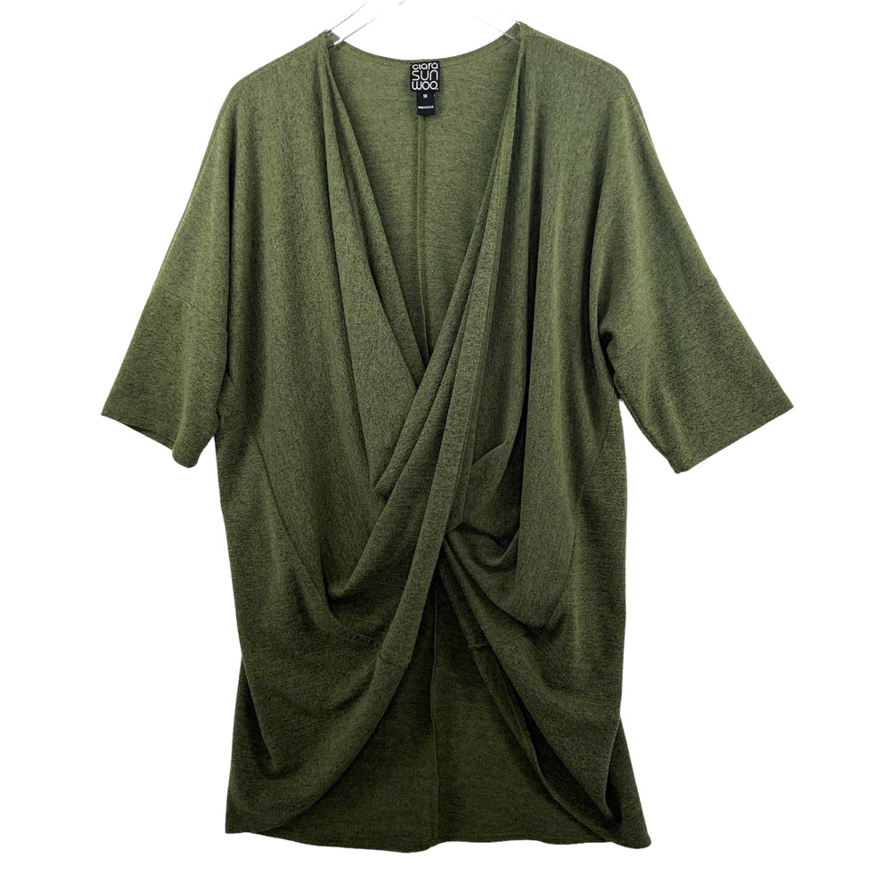 Clara Sun Woo Womens Green Draped Front Short Sleeve Top Size 1X Boho Lagenlook